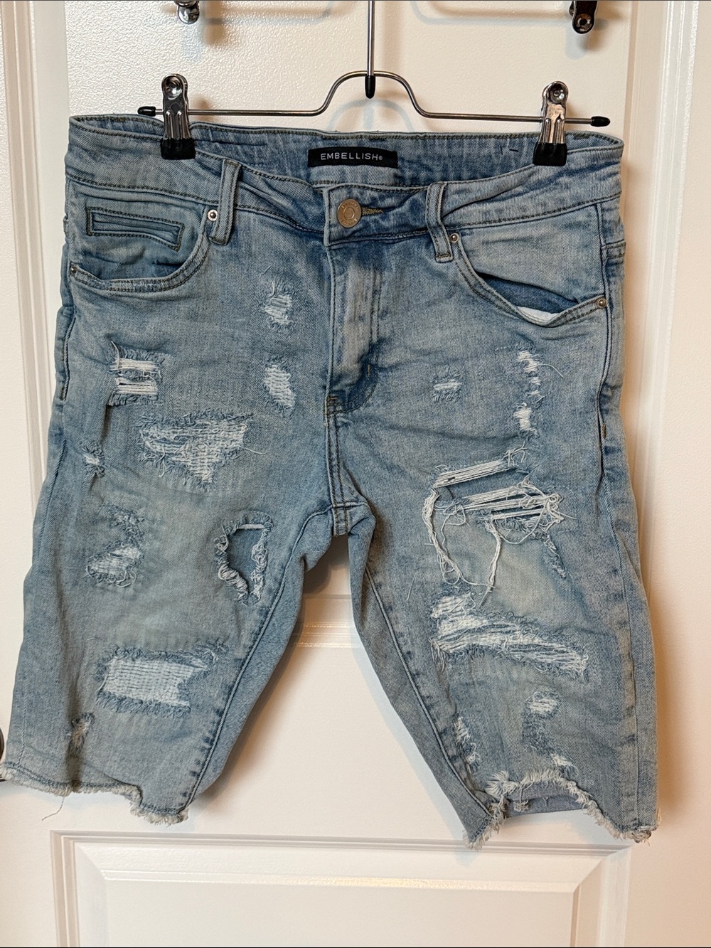 Embellish Light Blue Distressed Denim Jean Shorts for Men